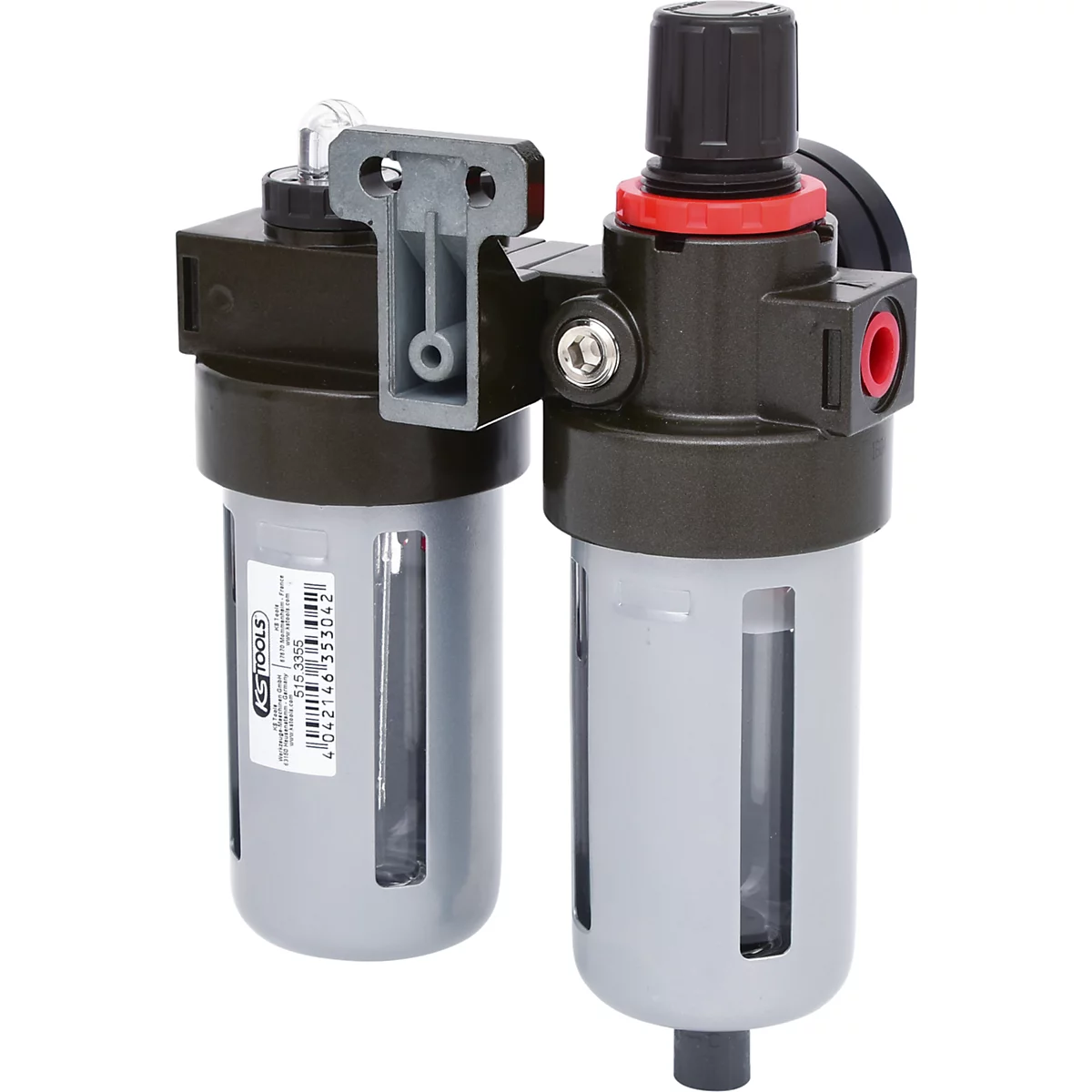 Ein Luftfilter-Regler-Kombination aus Kunststoff und Metall. Zwei transparente Behälter, verbunden durch ein schwarzes Gehäuse, sind mit einem Drehknopf gekrönt.